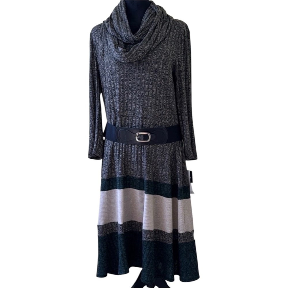 Signature by Robbie Bee Dress Gray/Green Knit  Belted Midi w/ Scarf Size XL  NWT